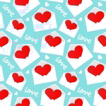 White envelope with Valentine heart inside pattern seamless background in flat style repeat vector illustration. Lettering text - love