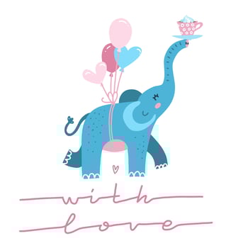 Cute elephant with heart shaped balloon cartoon character. Line Lettering quote - With love - for t-shirt print, kids wear fashion design, Valentine s card. Hand drawn flat vector illustration