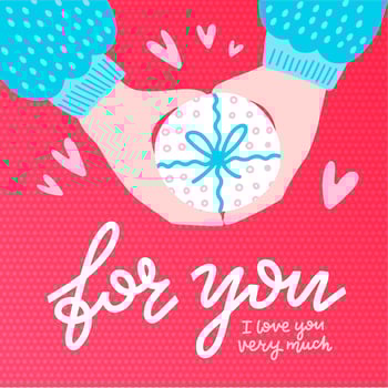 Hands holding a round gift box with bow, top view. Colorful vector illustration in flat hand drawn style. Lettering qoute - For You. I love you very much