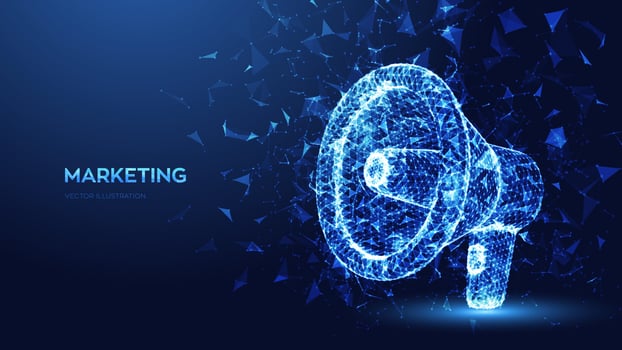 Megaphone. Marketing concept. Abstract 3d megaphone, loudspeaker made of polygons, triangles, points and lines. Online or digital marketing low polygonal wireframe blue background. Vector illustration