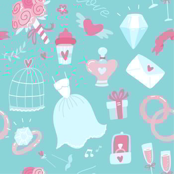 Wedding seamless pattern on a pretty turquoise blue background with a bridal gown, veil, gift, cake, bouquet with love letter, rings, bells and champagne for wrapping paper or card vector