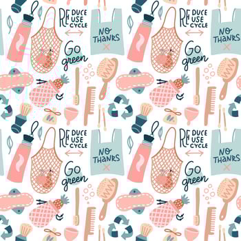 Go green pattern. Hand drawn Zero waste vector design. No plastic elements of eco life - reusable bags, wooden combs, woman personal hygiene products . Vector flat hand drawn illustration.