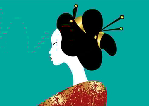 portrait of the young Japanese girl ancient hairstyle. Geisha, maiko, princess. Traditional Asian woman style. Print, poster, t shirt, card. Vector illustration isolated on green vintage background