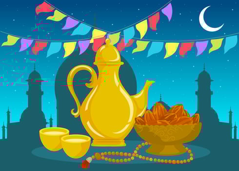Islamic holy month, Ramadan Kareem, sweet dates, and Arabic coffee mug. vector