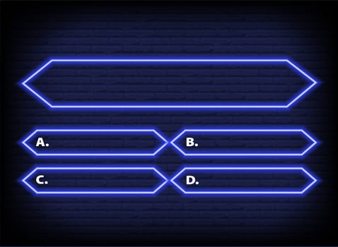 Neon quiz game template. Four options answers for knowledge exam in school, tv show. Vector Illustration 10 eps