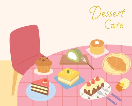 Plates of sweet desserts on a pink table. flat design style vector illustration.