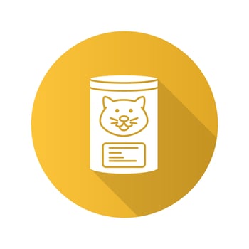 Canned cat food flat design long shadow glyph icon. Vector silhouette illustration