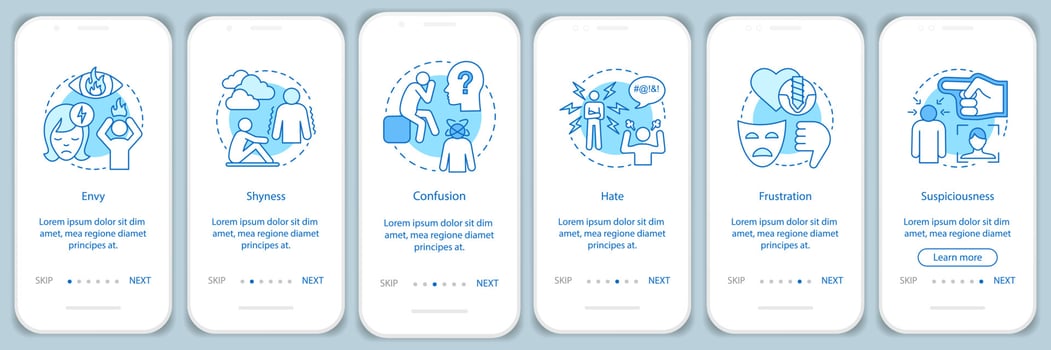 Hard feelings onboarding mobile app page screen vector template. Envy, shyness, confusion, hate, frustration. Walkthrough website steps with linear illustrations. UX, UI smartphone interface concept