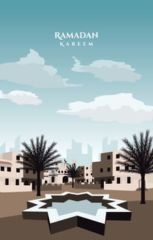 Beautiful Arabic City Mosque Pond Islamic Ramadan Kareem Greeting Card vector