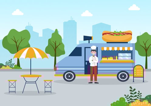 Outdoor Street and Food Truck Serving Fast Food such as Pizza, Burger, Hot Dog or Tacos in Flat Cartoon Background Poster Illustration vector