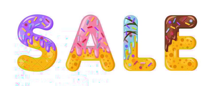 Donut cartoon sale biscuit bold font style. Glazed capital letters. Tempting flat design typography. Cookies, chocolate letters. White background. Pastry, bakery, waffle isolated vector clipart
