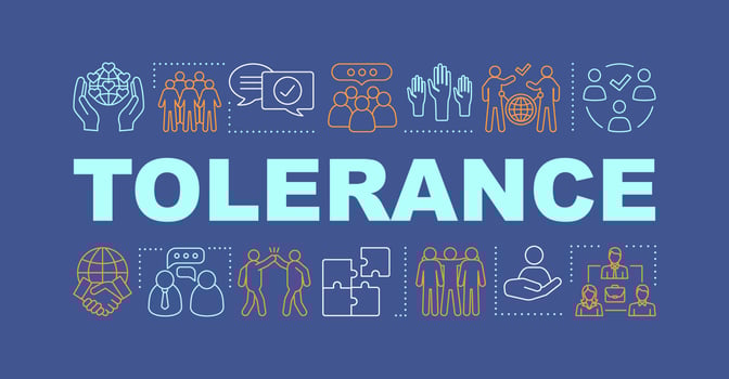 Tolerance word concepts banner. Social corporate responsibility. Workplace relationships. Isolated lettering typography with linear icons. Colleagues. Corporate environment. Vector illustration