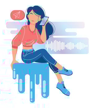 A young beautiful girl is sitting and talking on the phone or listening to an audio message. vector