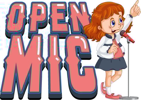 Open mic logo design with singer girl cartoon character vector