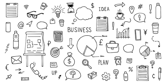 Business doodle set. Hand-drawn infographics icons - office, finance, strategy and others. Vector illustration isolated on white background