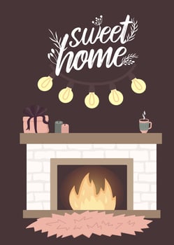 Poster quote Scandinavian interior home decorations - wreath, cat, tree, gift, candles, table. Cozy Winter holiday season. Cute Hygge style. Vector. Isolated. vector