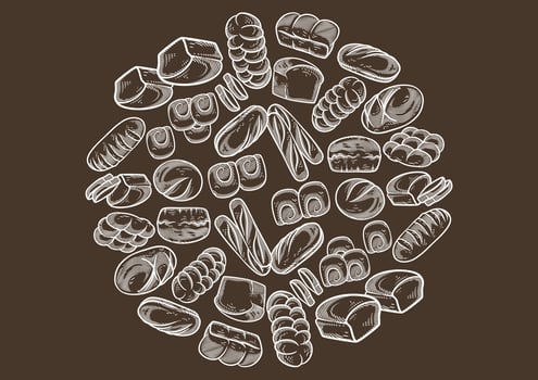 Vintage bakery background with sketched bread vector illustration