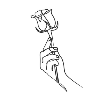 Continuous line art drawing of a hand holding flower vector