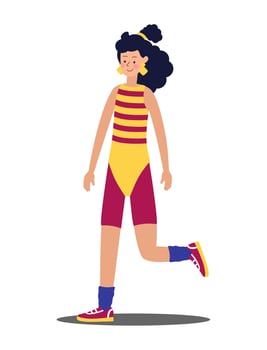 A young girl in Fashionable clothes, leggings and a swimsuit and hairstyles of the 80s-90s Stylish retro party. Character Vector Illustration