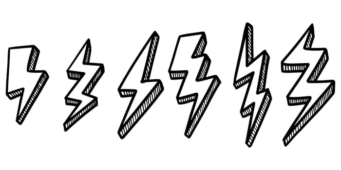 set of hand drawn vector doodle electric lightning bolt symbol sketch illustrations. vector illustration.