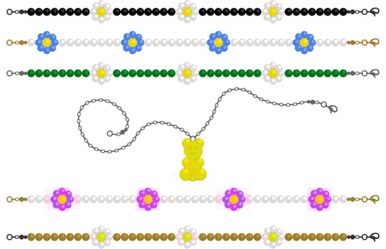 Vector isolated set of various bijouterie with camomiles and jelly bear.