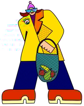 Vector isolated illustration of woman in yellow coat with string bag full of fruits.