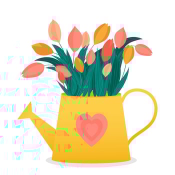 Bouquet of tulips in a yellow watering can. vector
