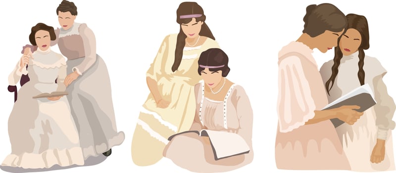 Reading ladies. Illustrations of women, reading and studing. A set of characters, isolated on white background. Vintage fashion. vector