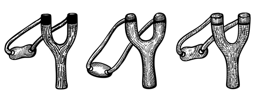 Set slingshot sketched isolated. Vintage boys toys in hand drawn style. vector