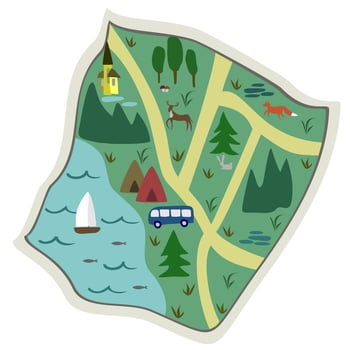 Touristic map with forest, lake and camping. vector