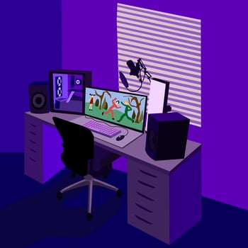 Gamer's room. Video game station. Desktop with gamer's equipment. Room of video game streamer. vector