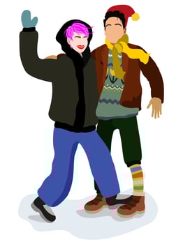 Young guy and girl embracing. Winter, snowy weather, they are wearing warm winter clothes. The girl waves her hand. vector