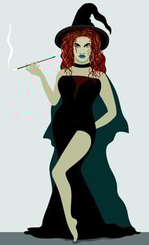 Young witch with cigarette in a holder. Vector illustration.