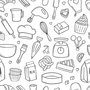 Seamless pattern of baking doodle. Cooking elements. Mixer, butter, flour, spoon, whisk in sketch style.  Hand drawn vector illustration isolated on white background.