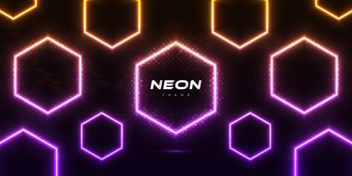 Modern and Futuristic Background with Hexagon Shapes in Glowing Neon Effect and Halftone Style on Dark Background. Colorful Neon Frame vector