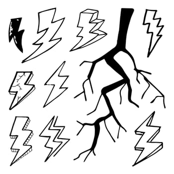 Doodle set lightning line art, thunder, vector illustration.