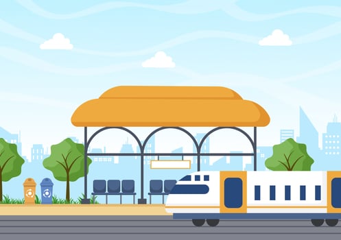 Railway Station with Train Transport Scenery, Platform for Departure and Underground Interior Subway in Flat Background Poster Illustration vector