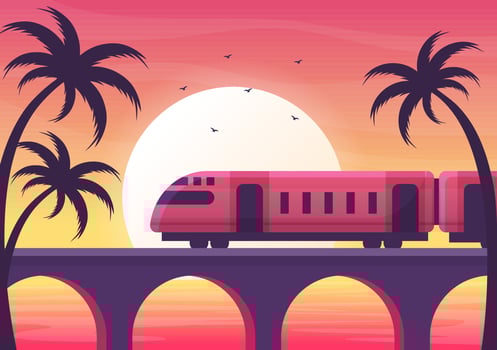 View of Train on Mountain or Sea in Flat Poster Illustration Background vector