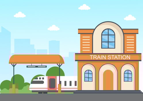 Train Station Building with Train Transport Scenery, Platform for Departure, Arrival of Trains and Passenger in Flat Background Poster Illustration vector