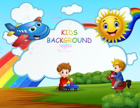 Scene with two boys playing in rainbow background vector