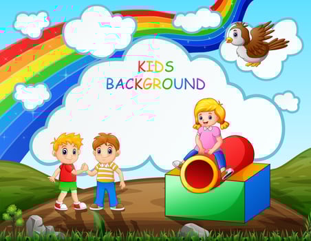 Happy kids playing in the playground with rainbow background vector
