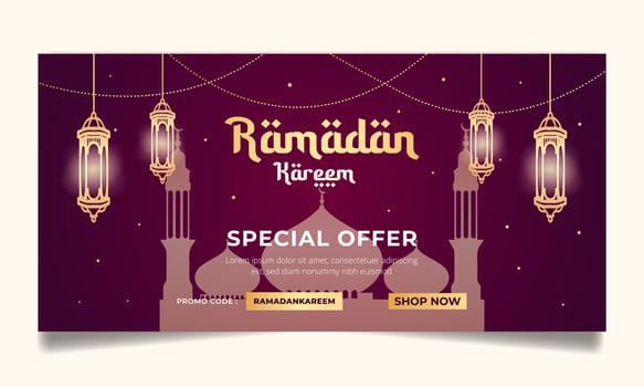 Ramadan sale horizontal banner social media post with mosque silhouette illustration template vector