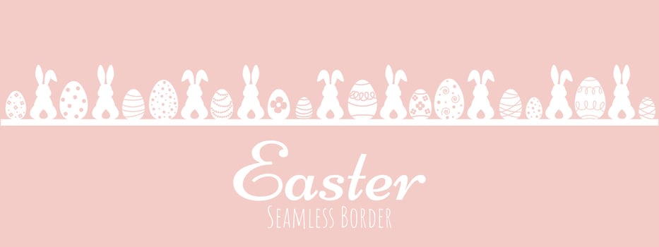 Cute hand drawn horizontal seamless pattern with bunnies, easter eggs, flowers and butterflies, great for banners, wallpapers, websites, cards - vector design