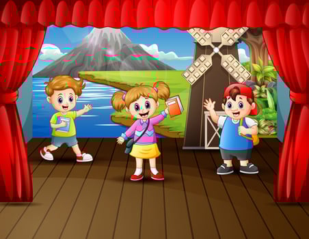 Cartoon school children on the stage vector