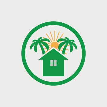 House home stay with beautiful sunrise vector logo design. Green home icon with sun.