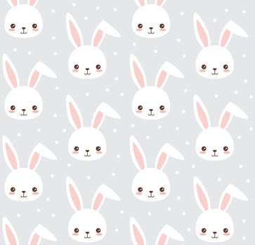 Cute bunny pattern. Cartoon rabbit head and dots. Vector seamless background for baby, child.
