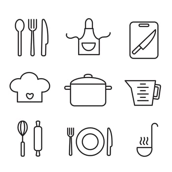 Cooking outline icons. Kitchen apron, cutting board with knife, whisk and rolling pin for dough. Chiefs hat, beaker and cooking pan. Food prepare and restaurant concept. Line set vector