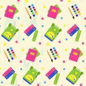 Seamless pattern with school and educational elements. Objects for art, stationery. Print for textile, clothes, book cover, wrapping paper, design and decor. Colorful positive background vector