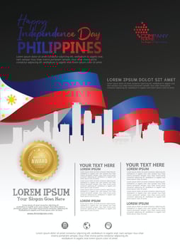 Philippines happy National Day background template with ribbon flags and silhouette city for a poster leaflet and brochure vector