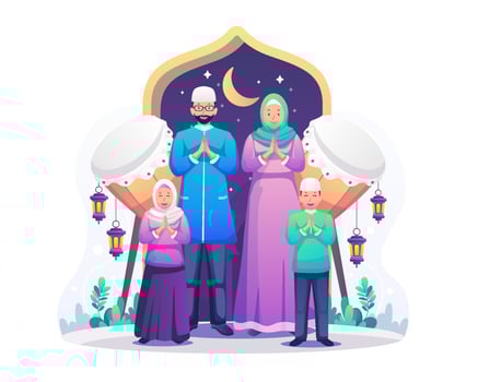 Happy Muslim Family greeting Ramadan Kareem and celebrating Eid Mubarak. Muslim people wish and greet Eid al-Fitr. Flat style vector illustration